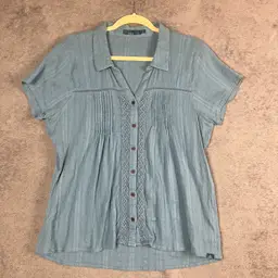 prAna Shirt Women’s XL Blue Blouse Organic Cotton Button Front Short Sleeve Boho Top