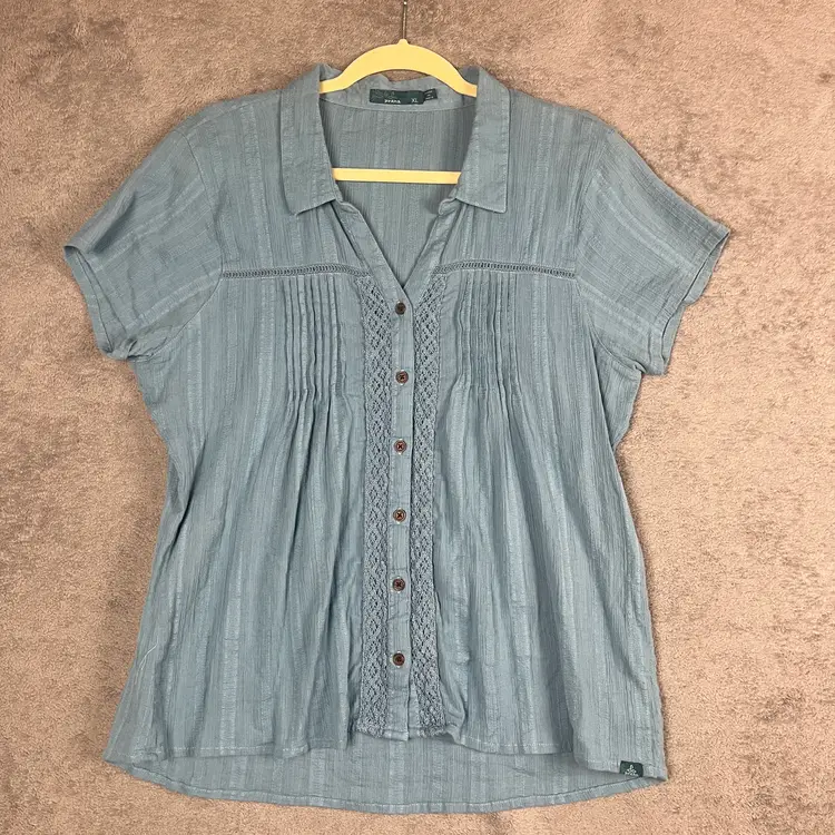 prAna Shirt Women’s XL Blue Blouse Organic Cotton Button Front Short Sleeve Boho Top