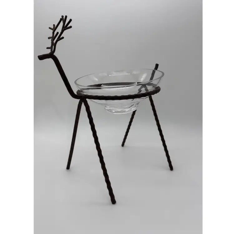 Festive Holiday Christmas 2PC Iron Reindeer Shape Centerpiece With Glass Bowl