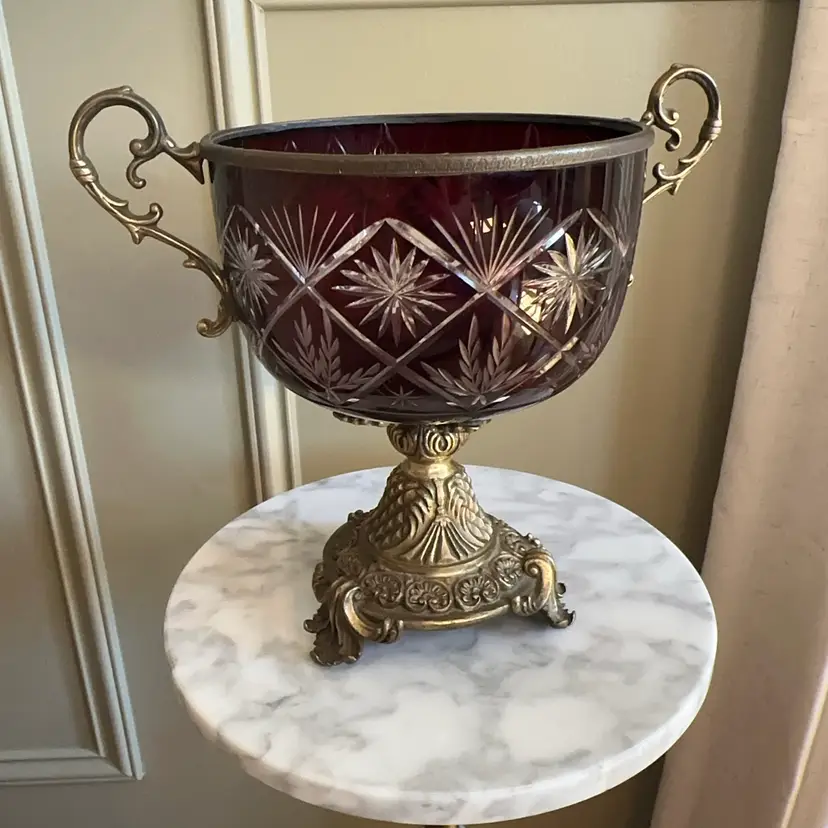 B - Vintage Bohemian Ruby Cut To Clear Glass Centerpiece Bowl Ornate Brass Handles 9”
