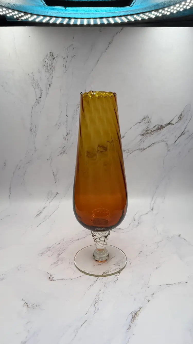 Vintage Amber Swung Glass Vase Clear Foot Twisted Stem MCM Mid Century 10"