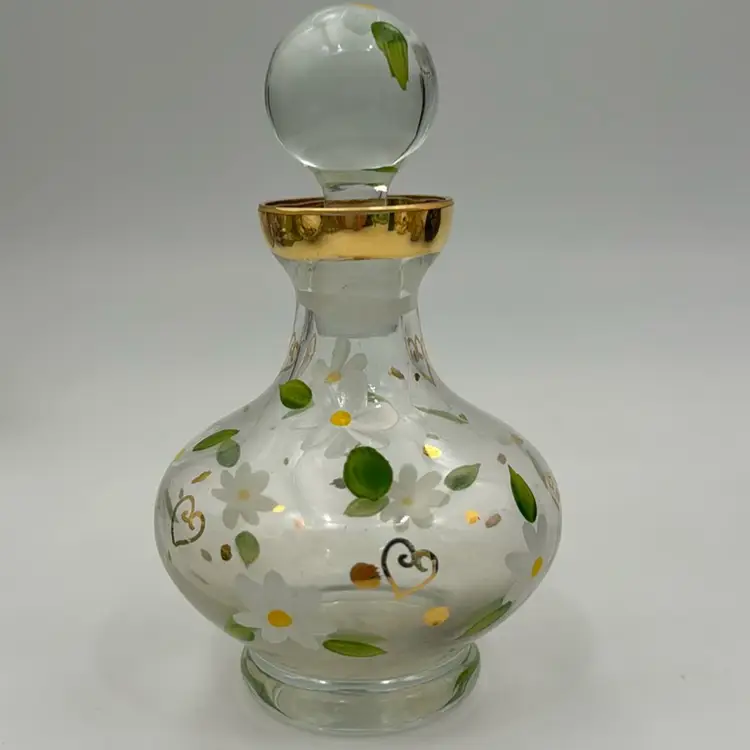 Royal Limited, Crystal Bottle With Stopper Made In Italy Hand Painted Daisy 🌼 Gold Gilded.