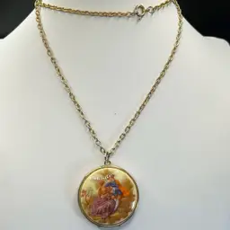 Vintage Fragonard Style Locket 1 1/2”Wide, Gold Tone, Circa 1960’s, Spring Ring Clasp, 24” Long