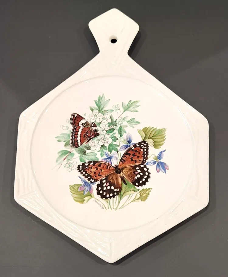 70s Monarch Butterfly Ceramic Trivet USA 61 Holmes Gray Kitchen Hot Plate EUC 9.75" x 7"