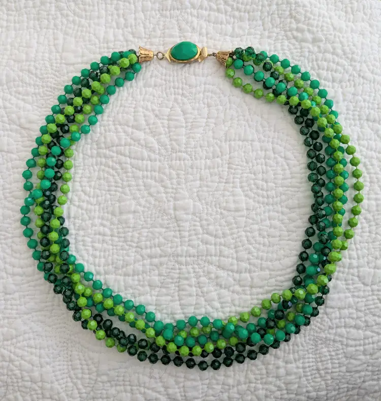 Vintage Mid Century Multi Strand Necklace with Plastic Beads in Shades of Green