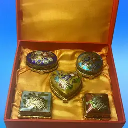 Buyers Choice - $10.00 Each - 5 Cloisonné Hinged Pill Boxes, Hand Made Enamel Over Copper With Brass Bezel.