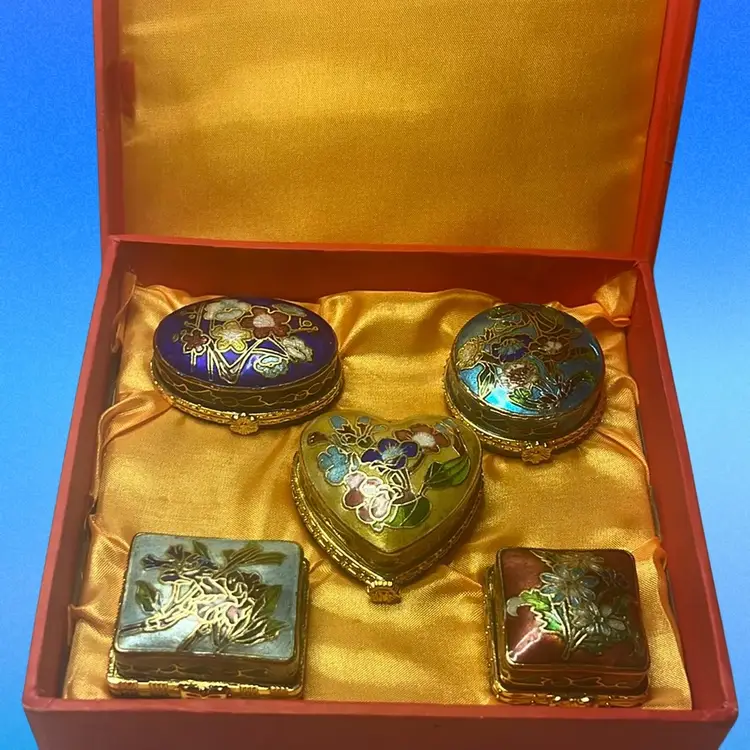 Buyers Choice - $10.00 Each - 5 Cloisonné Hinged Pill Boxes, Hand Made Enamel Over Copper With Brass Bezel.
