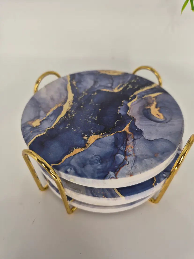 Celestial Blue Swirl Coasters With Stand Set of 8