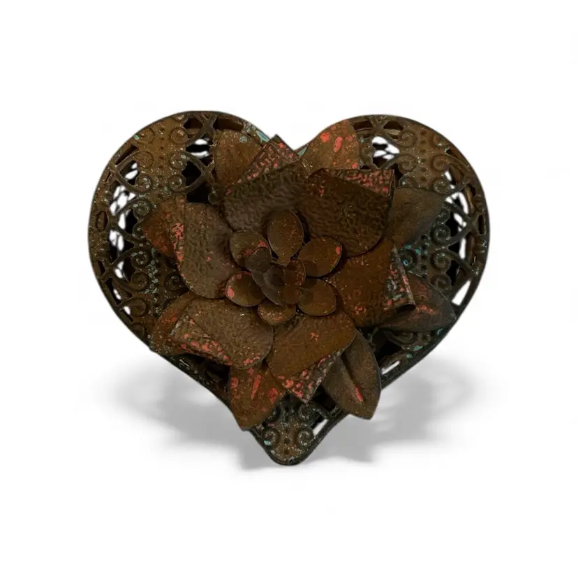 Cast Metal Patina Heart Shaped Trinket Box