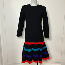 Vintage 80s Julie Francis Black Drop Waist Colorful Midi Dress with Bows