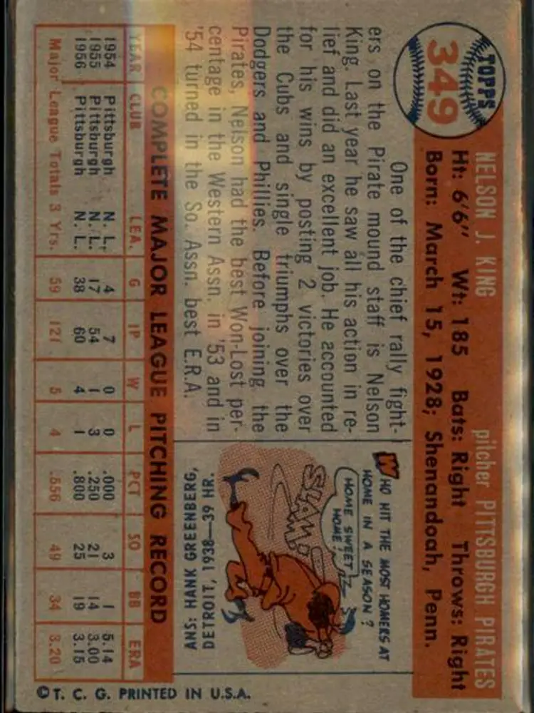 1957 Topps #349 Nelson King - ( pk1 ) - Pittsburgh Pirates