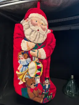 Handcrafted Wool Needlepoint Santa Claus & Toys Christmas Stocking Vintage