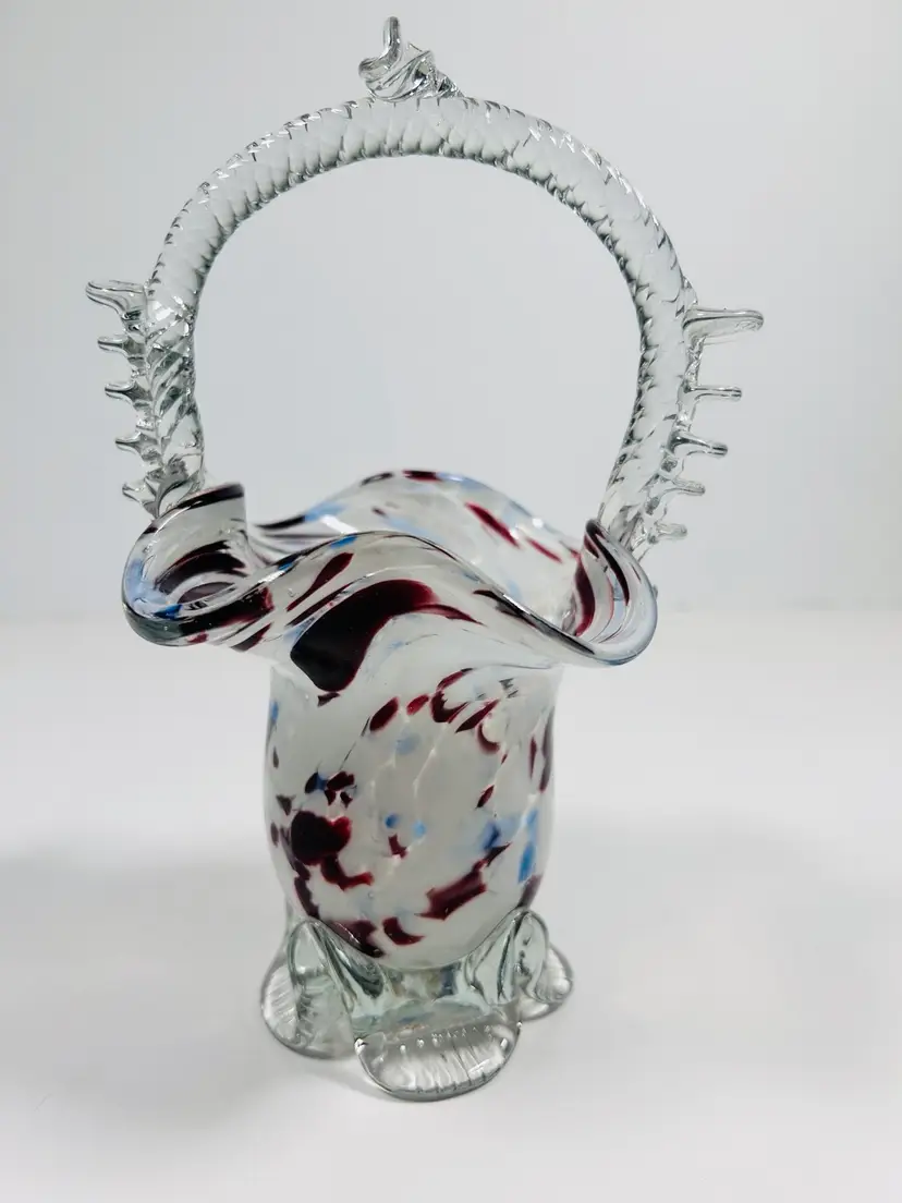 Vintage Romanian Art Glass Confetti Pattern Decorative Glass Basket