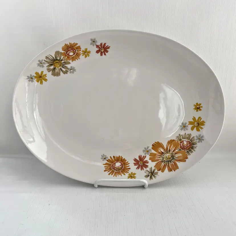 Japan Kokura Ware Iron Stone Oval Serving Platter Marigold Yellow 1950s Vintage