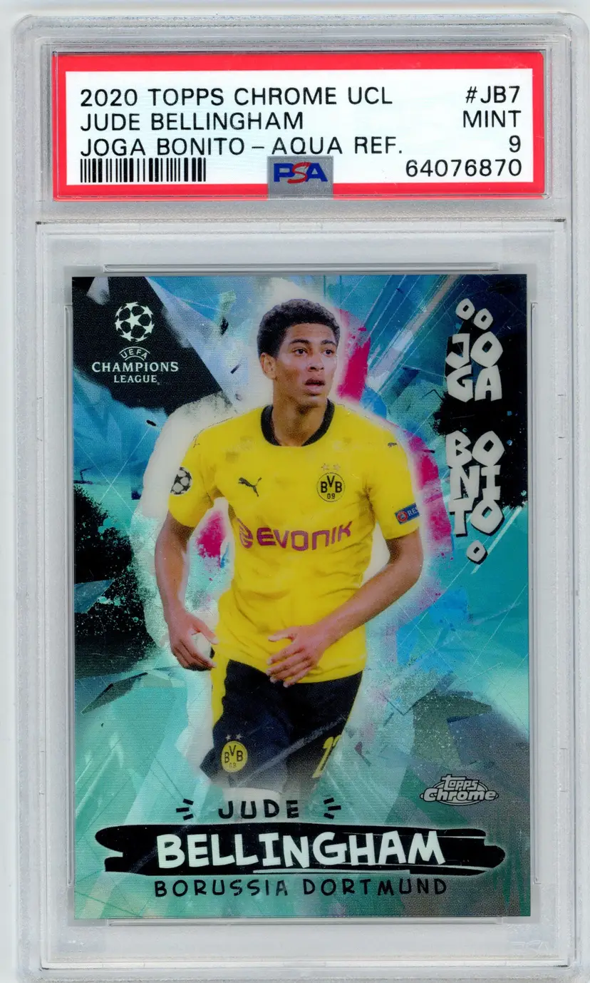 2020 Topps Chrome UCL JUDE BELLINGHAM RC Rookie #JB7 Joga Bonito Aqua Refractor /199 SP BORUSSIA DORTMUND PSA 9 MINT