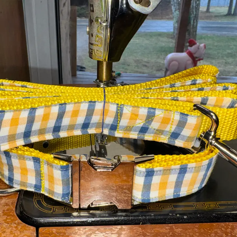 Dog Collar & Leash Plaid Yellow & Blue Large Handmade Heavy Duty Metal Buckle New