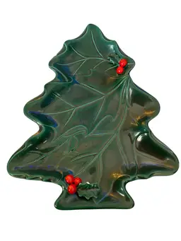 Vintage Lefton Christmas Tree Shaped Tray Holly Berry
