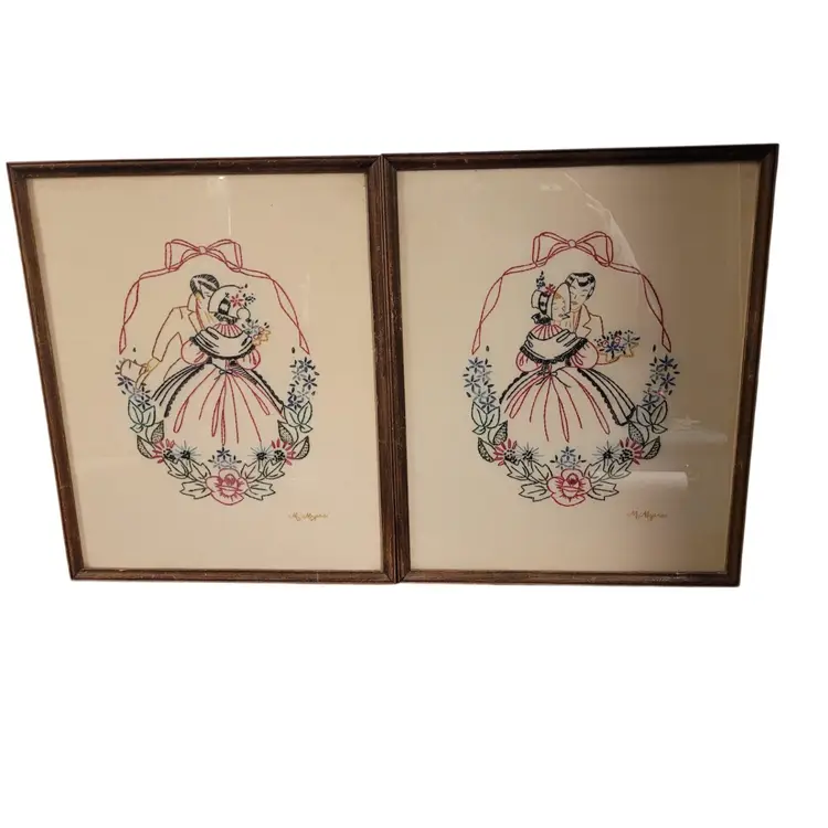 Vintage Embroidered Couple Framed Wall Art Set "The Kiss"