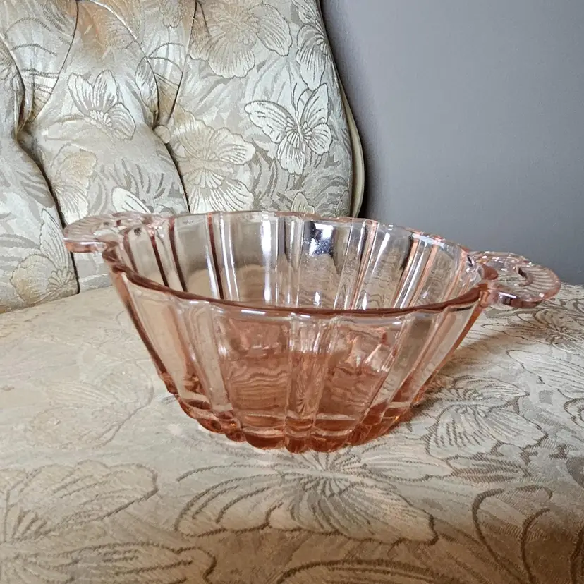 Blush Pink Depression Glass 'Oysters and Pearls' Two Handled Compote/Serving Bowl, Anchor Hocking Glass Co, 1938-1940