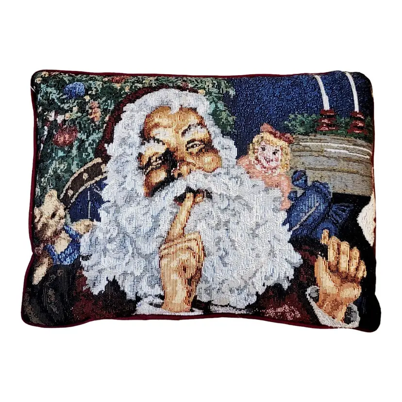 Vintage Santa Claus Doll Teddy Bear Needlepoint Christmas Throw Pillow Tapestry