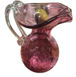Handmade Cranberry Art Glass Pitcher With Applied Clear Handle No Issues, Beautiful Optics 8” Tall