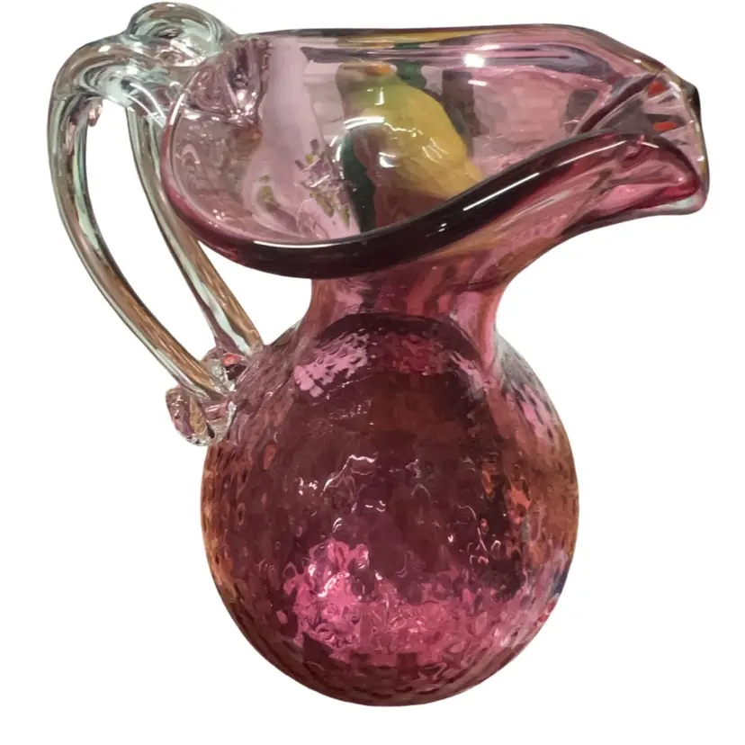 Handmade Cranberry Art Glass Pitcher With Applied Clear Handle No Issues, Beautiful Optics 8” Tall