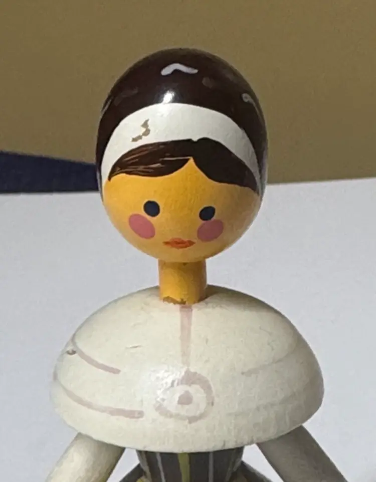 Wood & Brass Bell Woman Swedish Hand-painted Folk Art 4.25" signed Hofors