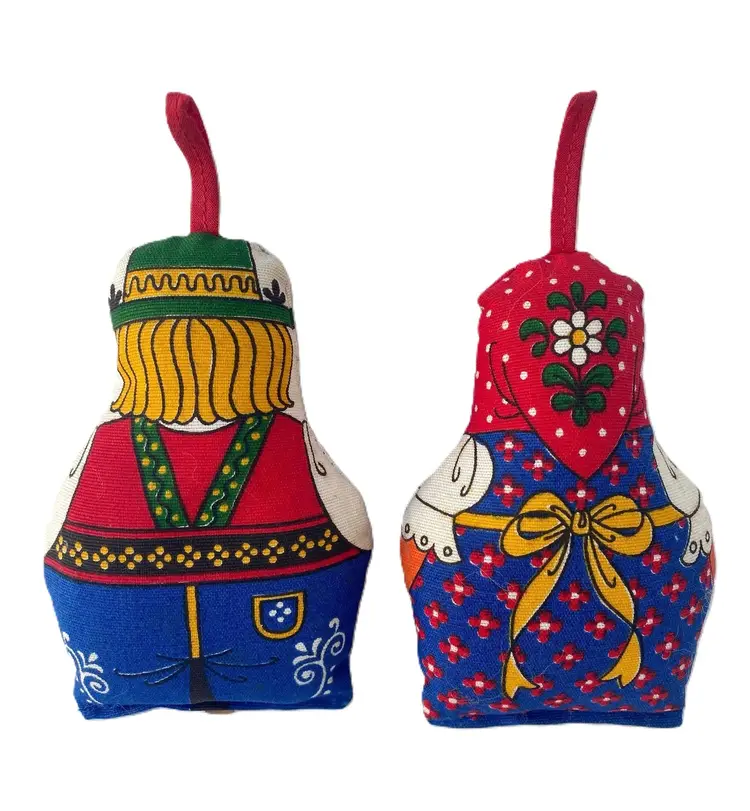 Vintage Fabric Stuffed Boy & Girl Christmas Ornament Dolls Bavarian Outfits 7"