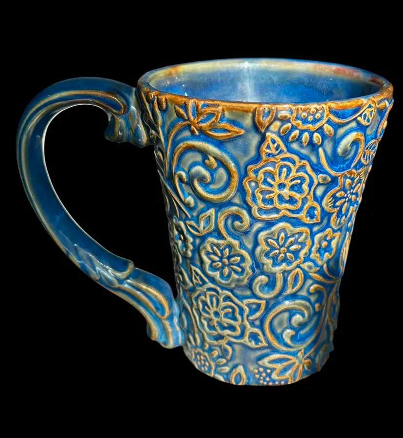 Hand-Crafted Embossed Studio Pottery Mug Rich Blue, Green & Brown Tones - Florals & Scrolls
