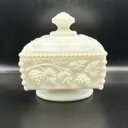 Vtg Milk Glass Westmoreland HARVEST GRAPE Square Footed Candy Dish & Lid