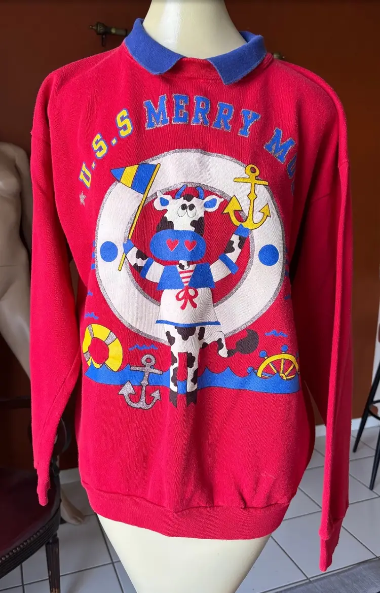 Vintage 80’s Cow Sweater Ride White Blue Kids Xl Women’s Small