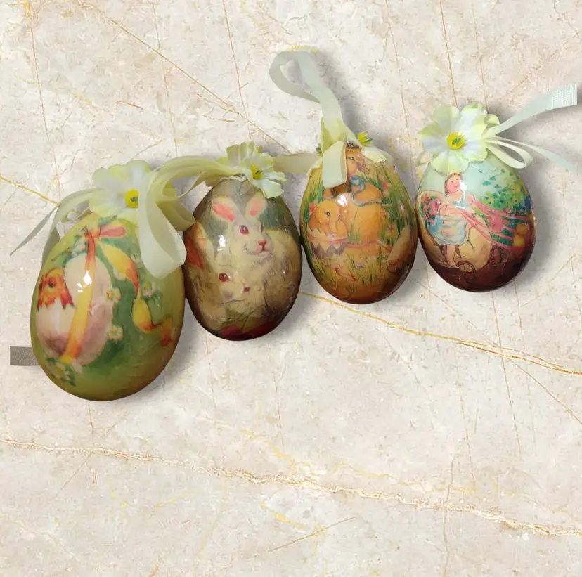 Vintage Mini Decoupage Easter Egg Ornaments Set of 4 Spring Floral Ribbon