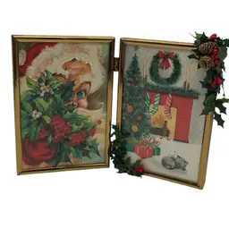 Vintage Framed Christmas Cards - Santa Peeking & Kitty by the Fireplace