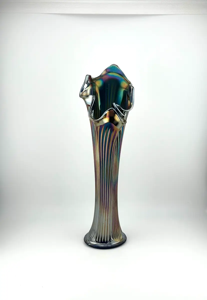 Vintage Fenton Cobalt Carnival Swung Glass Vase 3”x 10.5” *READ*