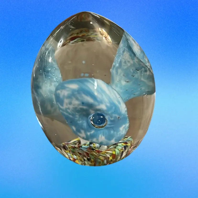 Paper Weight Egg Shaped With Blue Flowers And Multicolor Base, Not Signed, No Issues, 2.5”