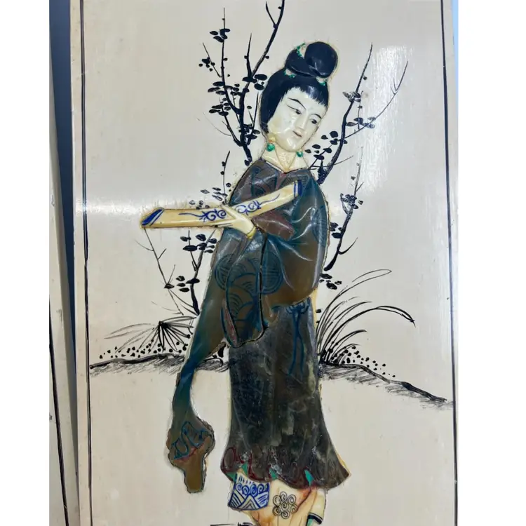 Pair Of Vintage Soapstone Mother Of Pearl Handpainted Geisha Wood Panel Wall Art 14.5x7