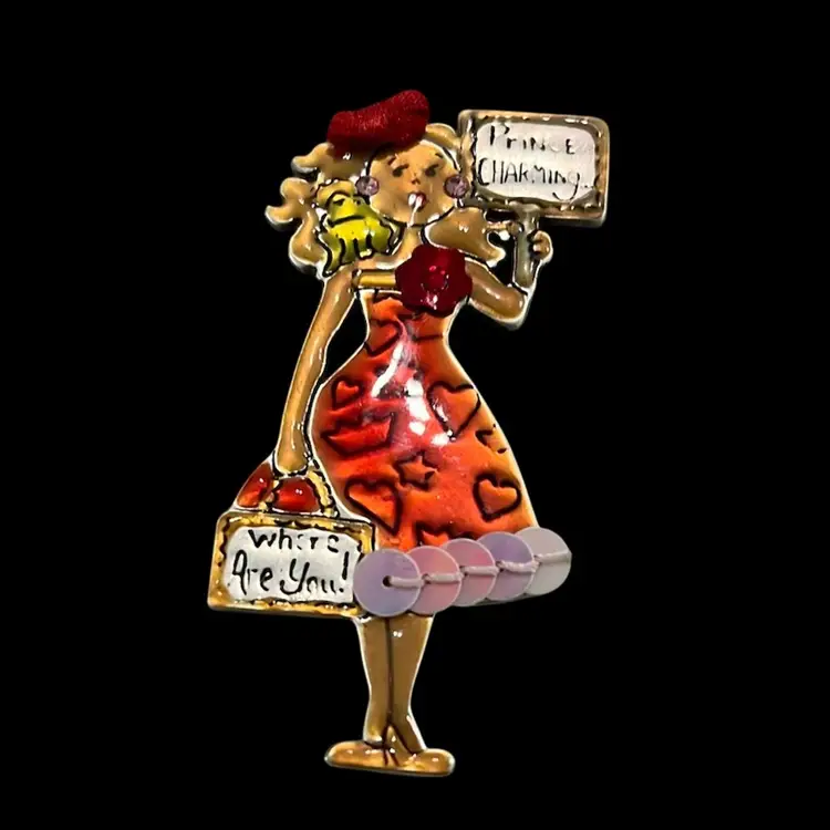 Vintage  AJMC Prince Charming Where Are You? Enamel over Silver / Pewter Brooch