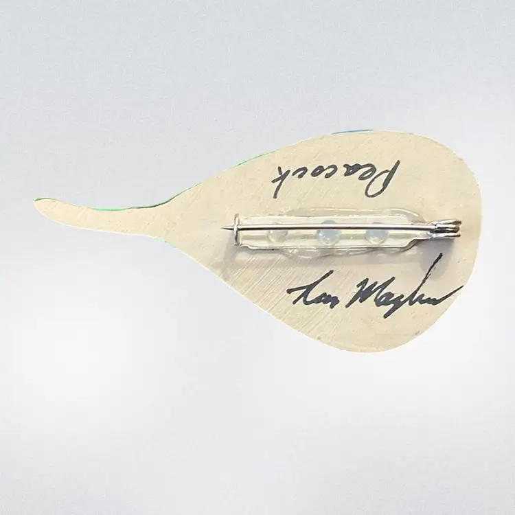 Handmade Peacock Signed Lou Mayhew (I Think) Brooch 2 1/2 X 1 1/3