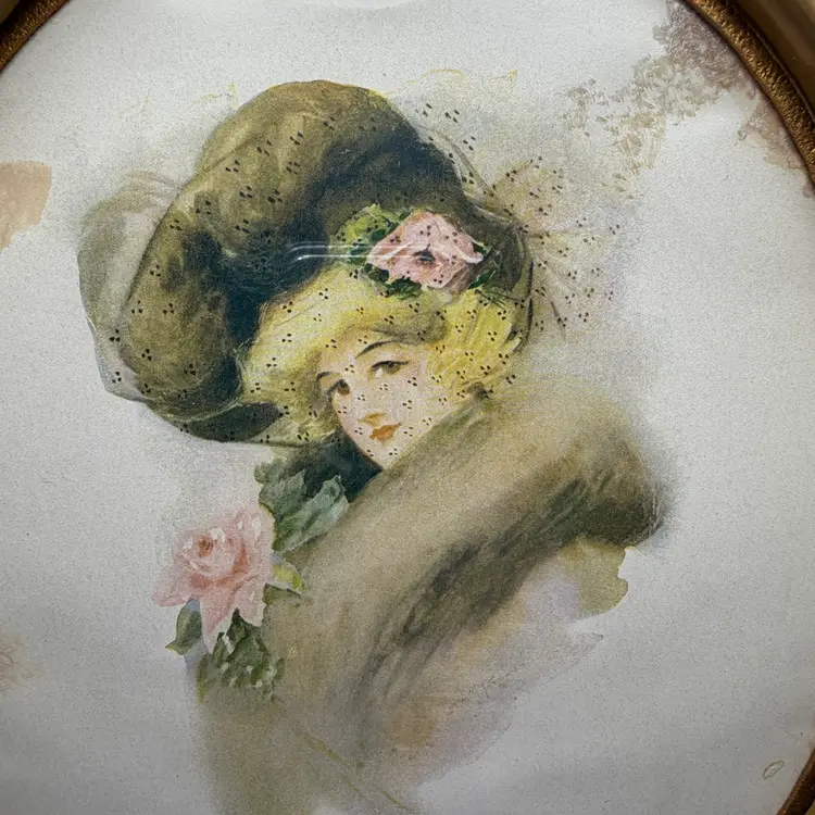 Vintage Oval Gold Gilt Frame Lady Portriat Veiled Hat & Florals 12.5”