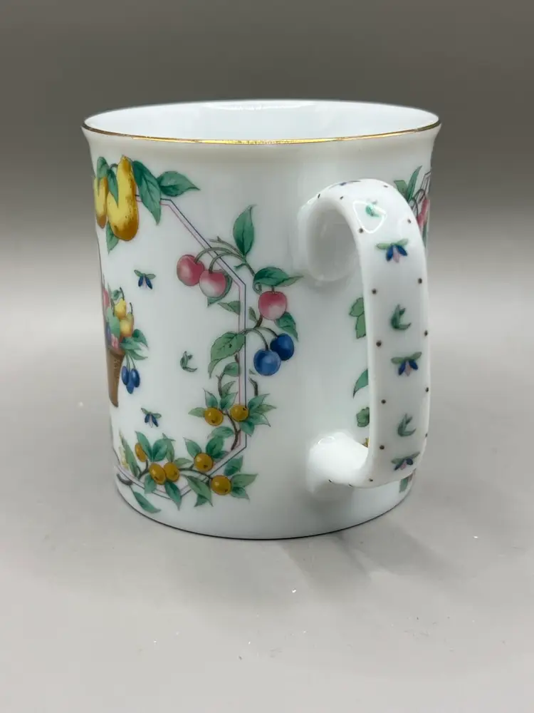 Vintage Otagiri Porcelain Fruit Basket Small Mug Gold Trim 3.5”