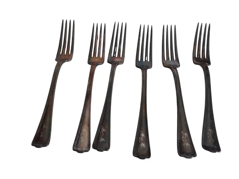 6 c1919 1847 Rogers Bros XS Triple Cromwell Pattern Forms Silver Plate Patina