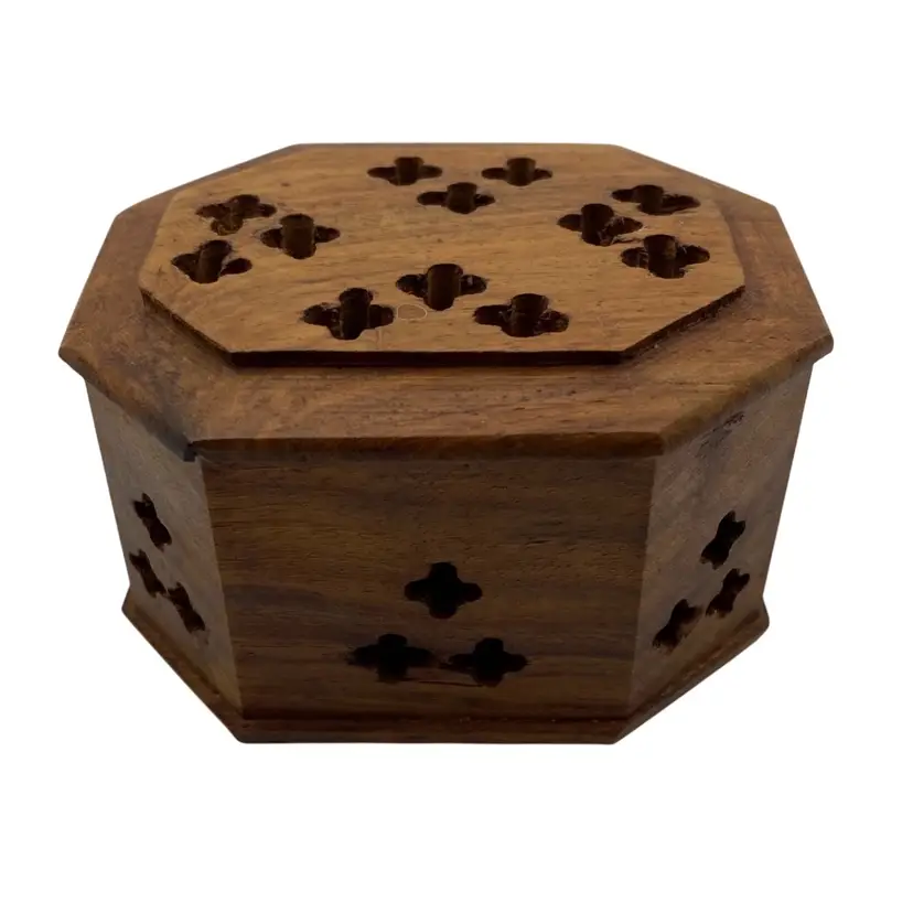 Vintage Hand-Carved Wood Octagon Trinket/Incense Box with Lid, vented sides/top