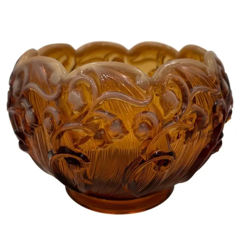 Vintage Fenton Amber bowl cameo opal essence. Lily of the valley pinched ruffled.