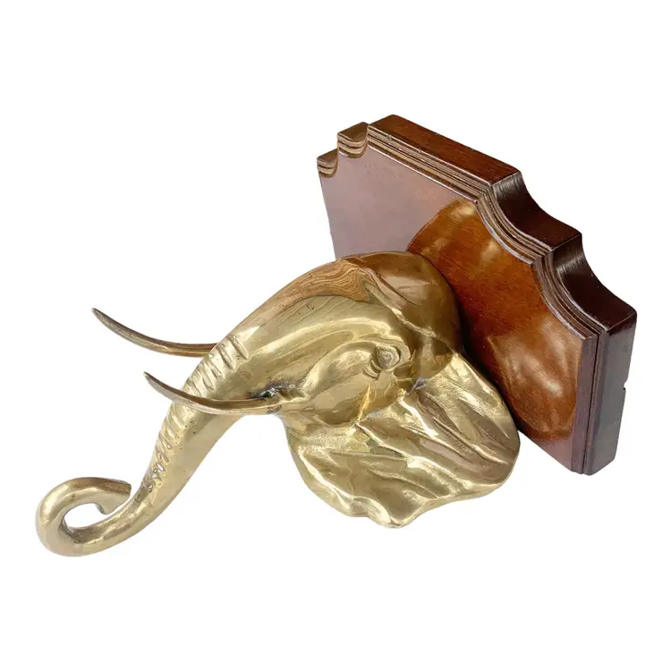 Vintage Brass Elephant Wood Wall Shelf Hollywood Regency British Colonial 11.5"