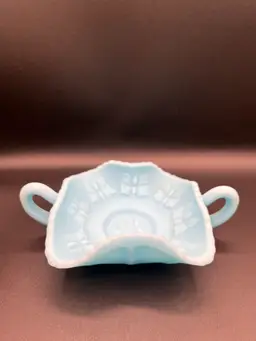 #01 🎉Love Bug Bazaar Special🎉Fenton Blue Satin Milk Glass Embossed Butterfly Motif Double-Handle Candy Dish 8” 🦋