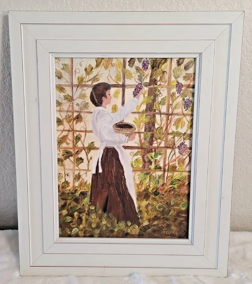 Original Signed Vintage Framed Oil Painting Woman Picking Grapes
