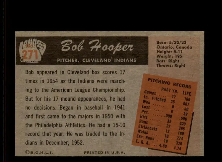 1955 Bowman #271 Bob Hooper - (pk-tl3) - Cleveland Indians