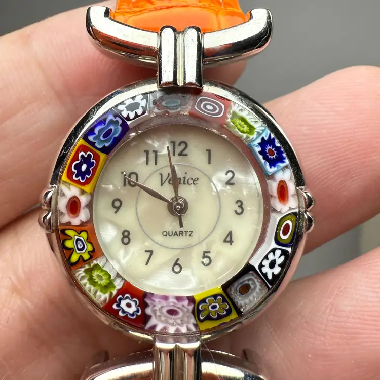 Venice Brand Millefiori Floral Glass Silver Tone Orange Leather Band Watch