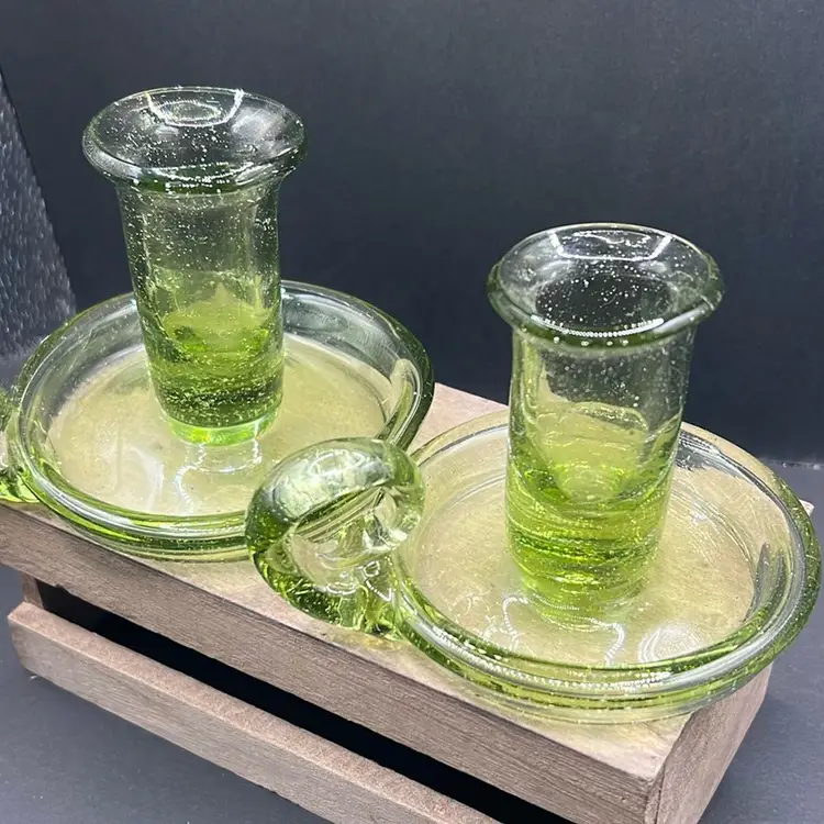 Vintage Hand Blown Green Candlesticks Set Of 2, Holder W/Handle & Air Bubbles