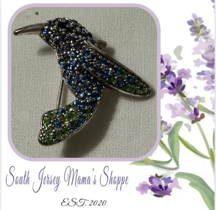 Vintage Silver Tone Monet Hummingbird With Blue And Green Rhinestone Accent Brooch